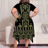 Black National Totem Print O Neck Short Sleeve Pocket Irregular Hem Plus Size Straight Loose Midi Dress