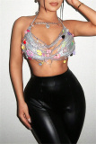Silver Bodycon Sexy Nightclub Lace up Party Hot Chains Backless Halter Bikini Cami Tops