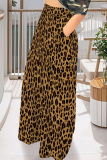 Brown Casual Houndstooth Leopard Print Flowers Stripe Pocket Contrast Loose High Waist Wide Leg Bottoms Pants