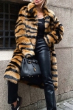 Faux Fur Casual Tiger Stripes Cardigan Turndown Collar Long Sleeve Fall Winter Long Cardigan Coats Outerwear