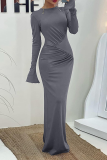 Grey O Neck Flare Sleeve Ruched Evening Party Bodycon Maxi Dress