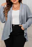 Grey Long Sleeve Ribbed Knit Cardigan Fall Winter Plus Size Overcoat Womens Shirt