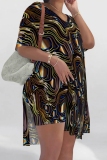 Yellow Casual Abstract Print Slit V Neck Short Sleeve T-shirt and Skinny Shorts Two Pieces Matching Sets