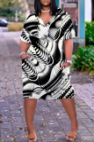Blue Striped V Neck Short Sleeve Casual Outing Straight Loose Midi Dress with Pocket