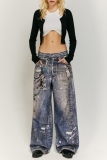 Multicolor Casual Print Patchwork Keychain Decor Mid Waist Straight Leg Denim Jeans