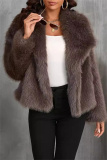 Apricot Faux Fur Casual Solid Color Cardigan Turndown Collar Winter Coats