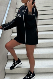 Black Letters Print O Neck Long Sleeve Straight Loose Fall Winter Casual Outing Sweatshirt Mini Dress