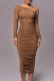 Black Oblique Collar Long Sleeve Night Out Clubwear Ruched Bodycon Sheer Mesh Maxi Dress