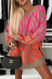 Rose Red Loose Casual Stripe Irregular Weave Contrast Round Neck Long Sleeve Fall Winter Long Sweater Tops