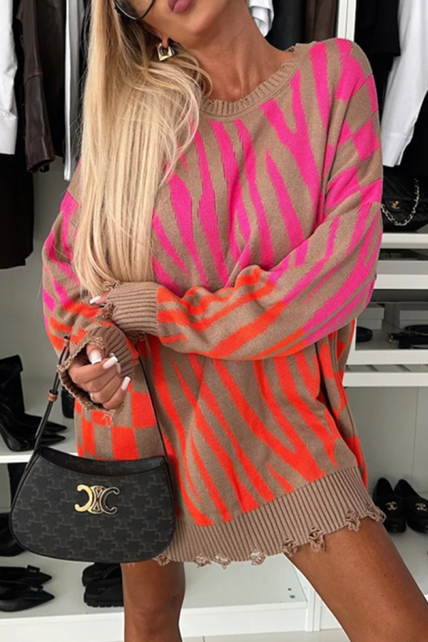 Rose Red Loose Casual Stripe Irregular Weave Contrast Round Neck Long Sleeve Fall Winter Long Sweater Tops