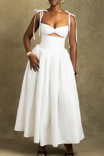 White Sleeveless Backless Tie Shoulder Spaghetti Strap Hollow Out Casual Outing Vacation Pleated Flowy Maxi Slip Dress