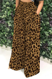 Brown Casual Houndstooth Leopard Print Flowers Stripe Pocket Contrast Loose High Waist Wide Leg Bottoms Pants