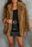 White Faux Fur Casual Pocket Cardigan Turndown Collar Long Sleeve Fall Winter Outerwear Coats