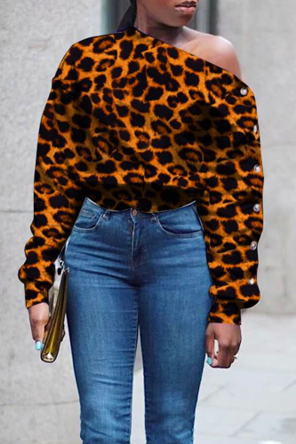 Casual Loose Leopard Print Buttons Patchwork Oblique Collar Slant Shoulder Long Sleeve Fall Winter Sweatshirts Tops