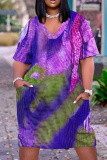 Blue Striped V Neck Short Sleeve Casual Outing Straight Loose Midi Dress with Pocket