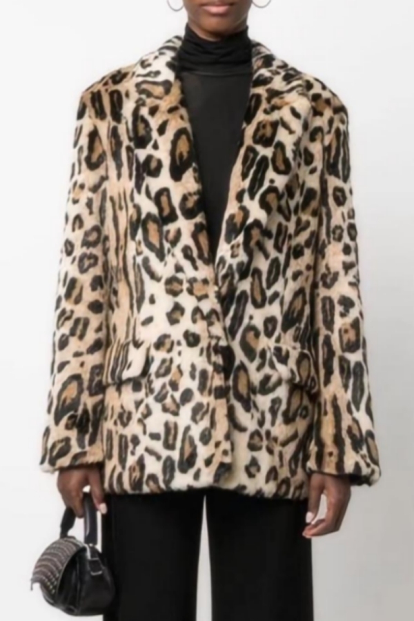 Faux Fur Casual Leopard Cardigan Turndown Collar Long Sleeve Fall Winter Blazer Coats Outerwear