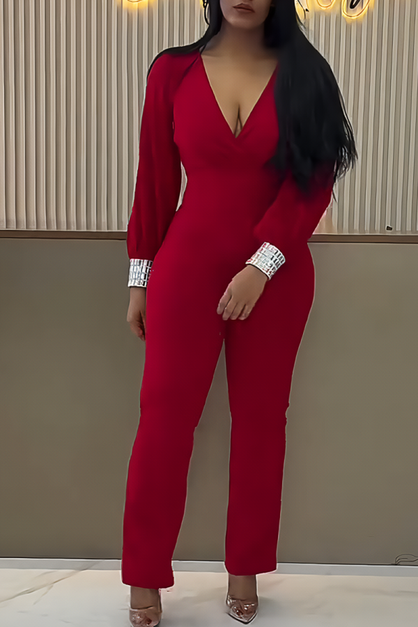 Red Backless Deep V Neck Long Lantern Sleeve Tapered Leg Jumpsuits