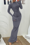 Grey O Neck Flare Sleeve Ruched Evening Party Bodycon Maxi Dress