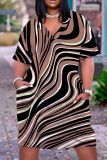 Blue Striped V Neck Short Sleeve Casual Outing Straight Loose Midi Dress with Pocket