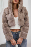 Camel Casual Faux Fur Cardigan Hooded Long Sleeve Fall Winter Short Outerwear Coats