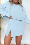 Light Blue Casual Hooded Long Sleeve Sweatshirt and Slit Skirts Two Pieces Dress Sets