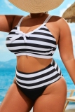 Black Sleeveless Backless Striped Cami Crop Top and Shorts Vacation Beach Spaghetti Strap Plus Size Swimwear