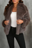 Apricot Faux Fur Casual Solid Color Cardigan Turndown Collar Winter Coats