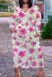 Pink Purple Floral Print V Neck Long Sleeve Ankle Length Straight Loose Maxi Dress with Pocket