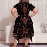 Black National Totem Print O Neck Short Sleeve Pocket Irregular Hem Plus Size Straight Loose Midi Dress