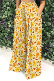 Brown Casual Houndstooth Leopard Print Flowers Stripe Pocket Contrast Loose High Waist Wide Leg Bottoms Pants