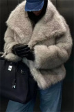 Apricot Faux Fur Casual Solid Color Cardigan Turndown Collar Winter Coats