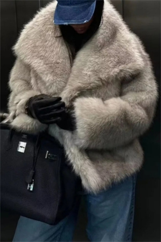 Apricot Faux Fur Casual Solid Color Cardigan Turndown Collar Winter Coats