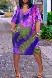 Blue Striped V Neck Short Sleeve Casual Outing Straight Loose Midi Dress with Pocket