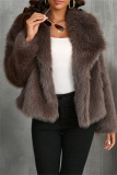 Apricot Faux Fur Casual Solid Color Cardigan Turndown Collar Winter Coats