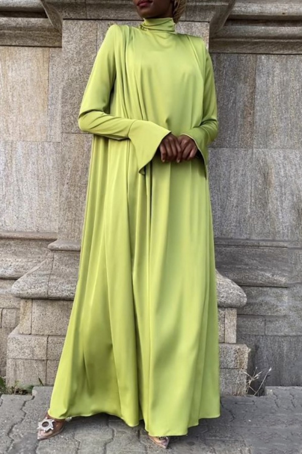 Green High Neck Bell Sleeve Floor Length Evening Gatherings Loose Flowing Maxi Dress