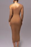 Black Oblique Collar Long Sleeve Night Out Clubwear Ruched Bodycon Sheer Mesh Maxi Dress