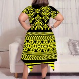Black National Totem Print O Neck Short Sleeve Pocket Irregular Hem Plus Size Straight Loose Midi Dress