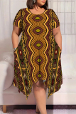 Black National Totem Print O Neck Short Sleeve Pocket Irregular Hem Plus Size Straight Loose Midi Dress