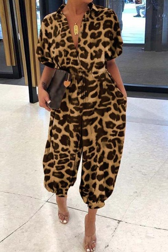Khaki Casual Leopard Print Pocket Button up Drawstring Waist Turndown Collar Half Sleeve Loose Harem Jumpsuits
