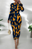 Orange Black Graphic Print O Neck Long Sleeve Ankle Length Casual Outing Bodycon Pencil Midi Dress