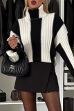 Black White Loose Casual Stripe Weave Contrast Turtleneck Long Sleeve Fall Winter Sweater Tops