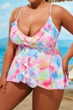 Pink Sleeveless Backless Spaghetti Strap Cami Top and Shorts Vacation Beach Plus Size Swimwear