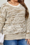 Khaki Stripe O Neck Long Sleeve Pullover Plus Size Sweater Womens Fall Winter Knit Top