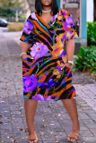 Blue Striped V Neck Short Sleeve Casual Outing Straight Loose Midi Dress with Pocket