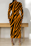 Orange Black Graphic Print O Neck Long Sleeve Ankle Length Casual Outing Bodycon Pencil Midi Dress
