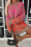 Rose Red Loose Casual Stripe Irregular Weave Contrast Round Neck Long Sleeve Fall Winter Long Sweater Tops