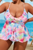 Pink Sleeveless Backless Spaghetti Strap Cami Top and Shorts Vacation Beach Plus Size Swimwear
