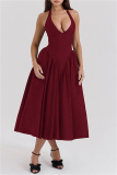Black Sleeveless Backless Lace Up Pleated Hem Casual Outing Vacation Birthday Party Halter Maxi Dress