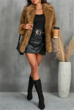 White Faux Fur Casual Pocket Cardigan Turndown Collar Long Sleeve Fall Winter Outerwear Coats