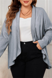 Grey Long Sleeve Ribbed Knit Cardigan Fall Winter Plus Size Overcoat Womens Shirt